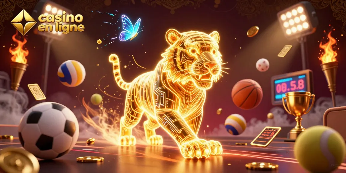 Jouez au casino en ligne avec l'illustration dynamique d'un tigre en lumière et d'éléments de jeu.