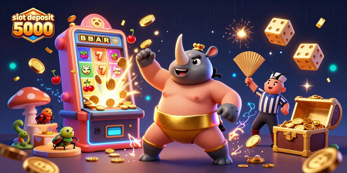 Slot deposit 5000 dengan pemenang bergaya, koin emas bertebaran dari mesin slot yang meledak.