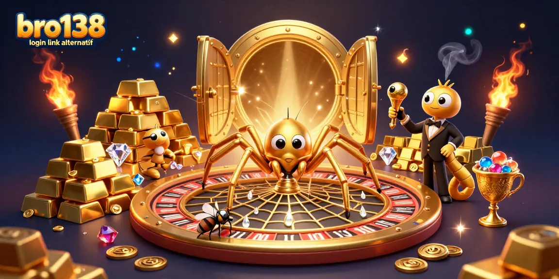 Engage with bro138 login link alternatif using a vibrant 3D casino themed illustration with characters and gold treasures.