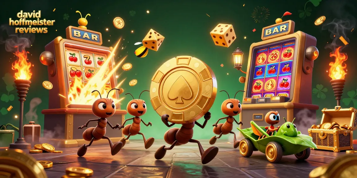 Engaging scene of a golden poker chip heist featuring ants, showcasing david hoffmeister reviews amid casino elements.