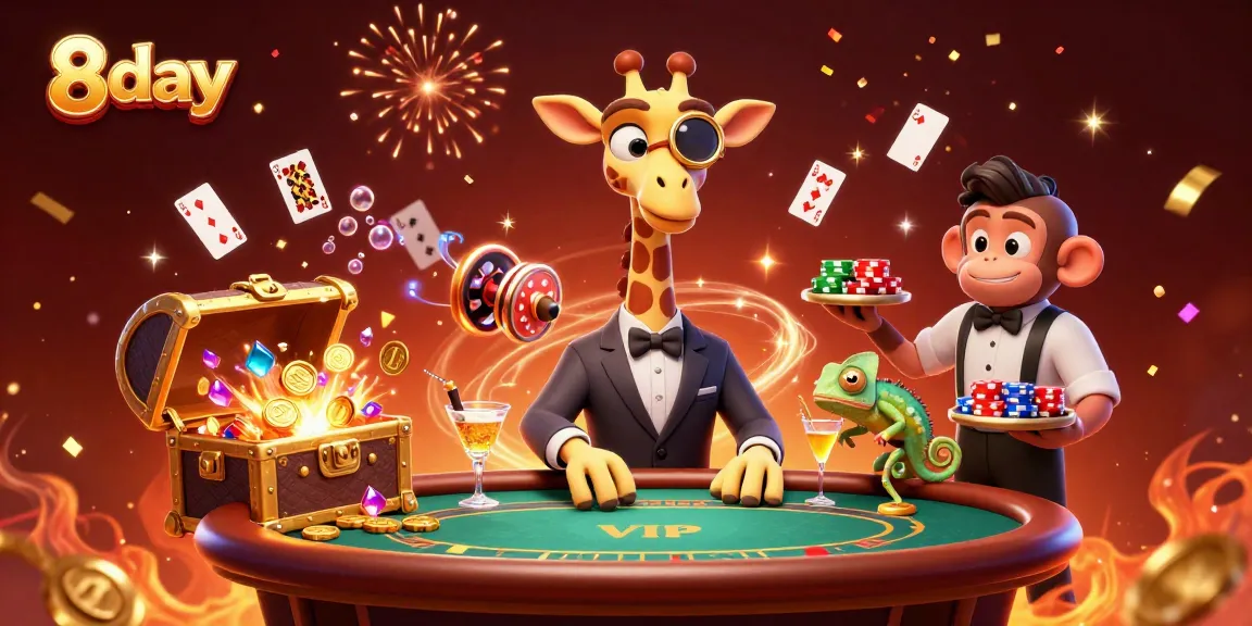 Experience luxury with 8day as a high-roller giraffe and friends enjoy a vibrant casino atmosphere.