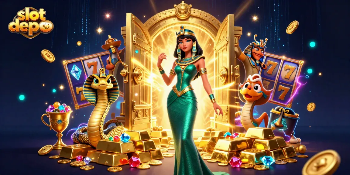 Win big with slot depo 5k as dazzling treasures and a mystical woman come alive in this casino-themed illustration.