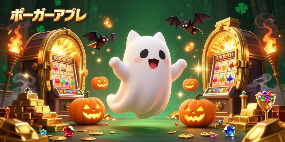 ポーカーアプリの魅力が詰まったイラスト。幽霊猫がカジノで冒険するシーン。