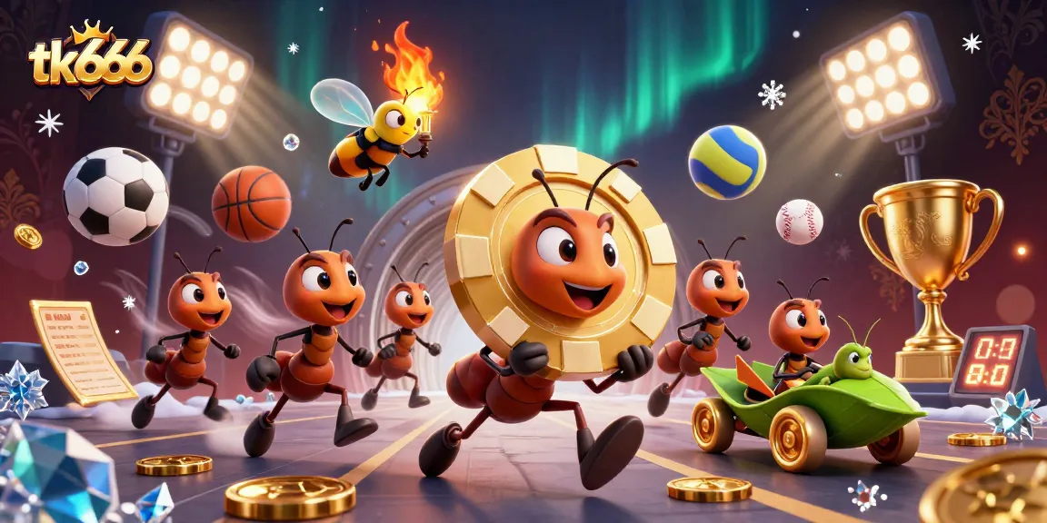 Experience thrilling gaming with tk666 as ants carry a giant poker chip in a vibrant casino heist.
