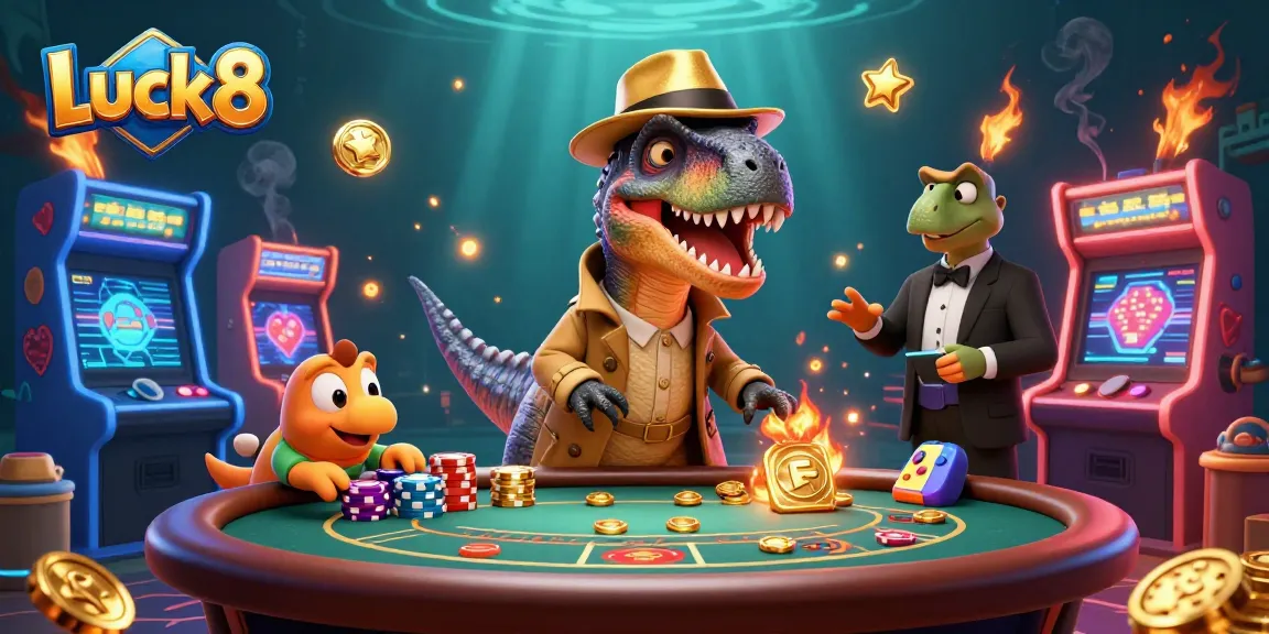 Experience the excitement of Luck8 with a humorous 3D casino scene featuring animated dinosaurs at the blackjack table.
