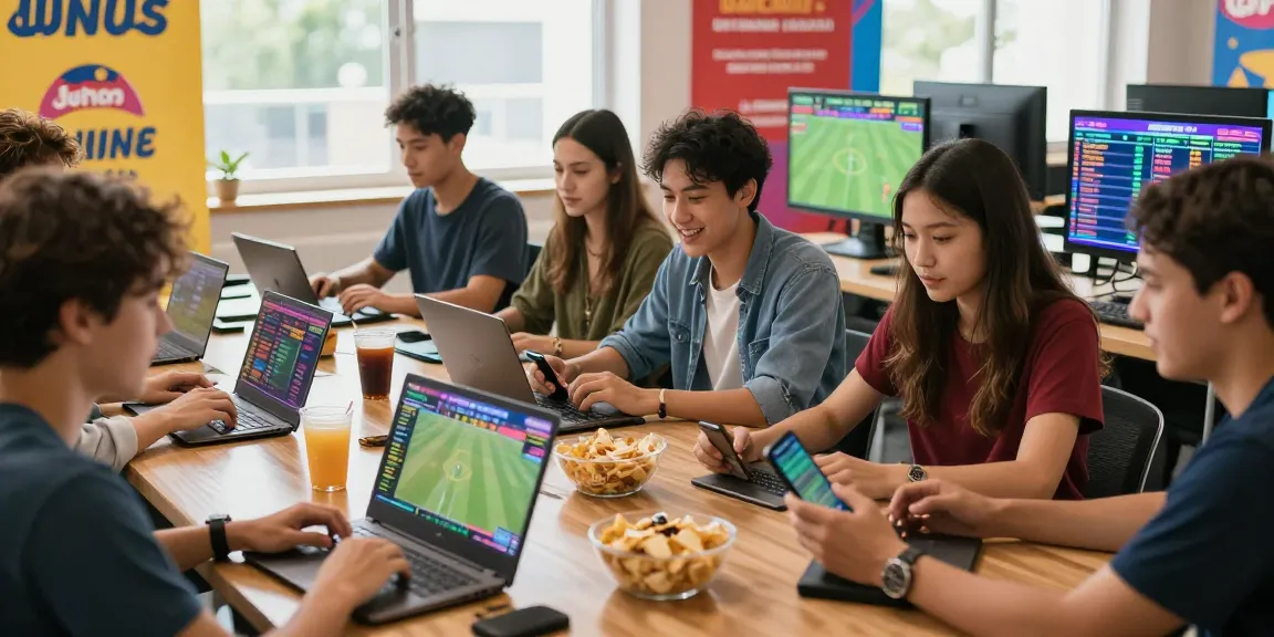 Engaged group using Link Resmi Sbobet Dewacash for online sports betting in a modern, vibrant environment.