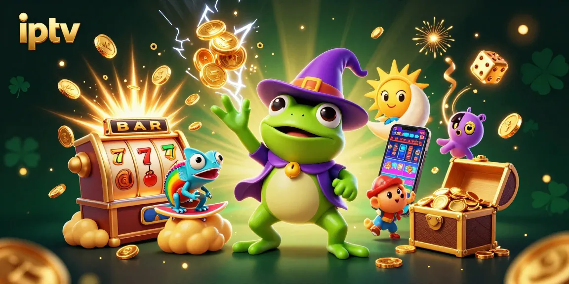 Experience exciting iptv streaming with a magical scene of vibrant characters and casino elements.