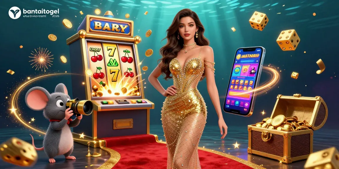 Capture wins with bantaitogel situs toto resmi 2026 as coins burst from a 3D slot machine amidst vibrant gaming symbols