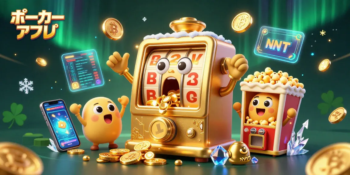 ポーカーアプリで活躍する金色のスロットマシンがボーナスを獲得し、コインを吐き出す様子。