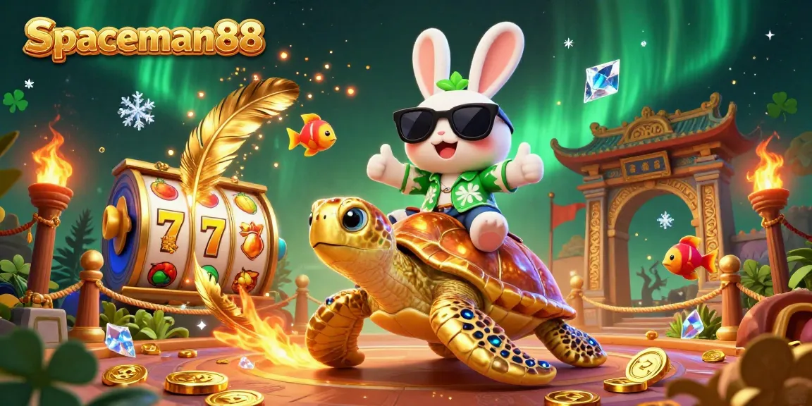 Experience big wins with spaceman88 in this vibrant casino illustration featuring a lucky rabbit and golden turtle.
