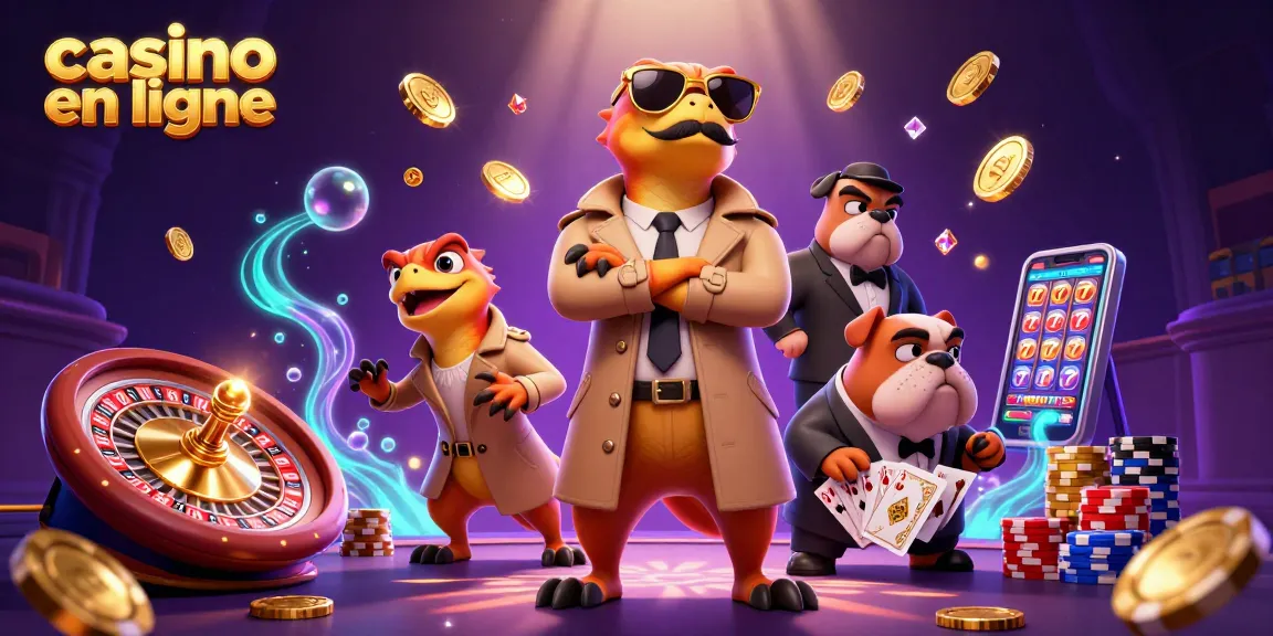 Jouez à des jeux de casino en ligne passionnants dans une illustration colorée avec des personnages comiques.