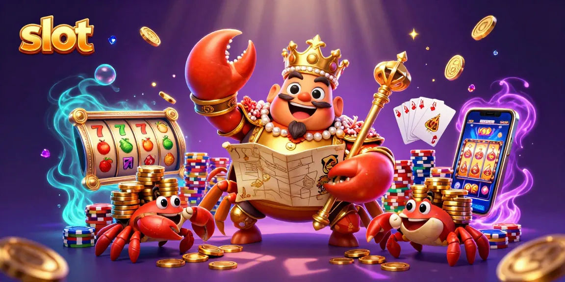 Spin slot reels with golden crab emperor amidst flying coins and poker chips.