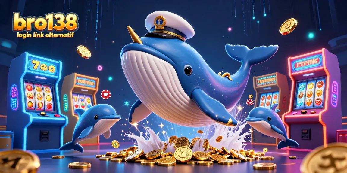Engage with the vibrant scene of bro138 login link alternatif featuring a whale and dolphins amidst casino elements.