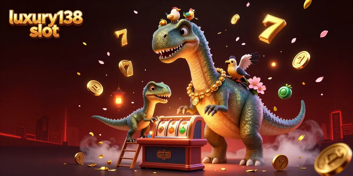 Engage with the luxury138 slot experience featuring a playful brontosaurus and clever raptor in a vibrant casino.