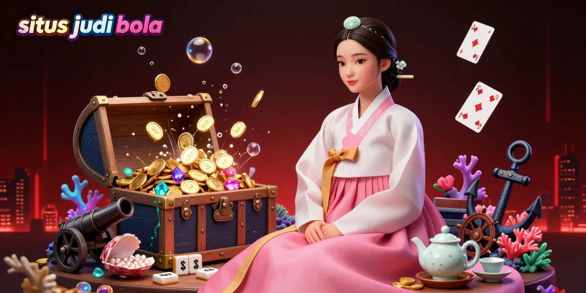 Engage with situs judi bola in a vibrant scene featuring a serene Asian woman in traditional attire amidst enchanting casino treasures.