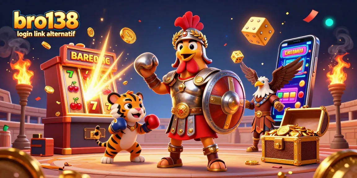 Engage with exciting gambling on bro138 login link alternatif, featuring dynamic 3D characters and vibrant casino elements in action.