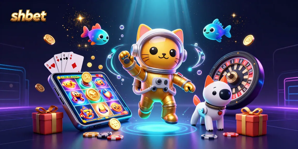 Experience the thrill of shbet with a 3D scene of a space cat and robot dog amidst vibrant casino elements.