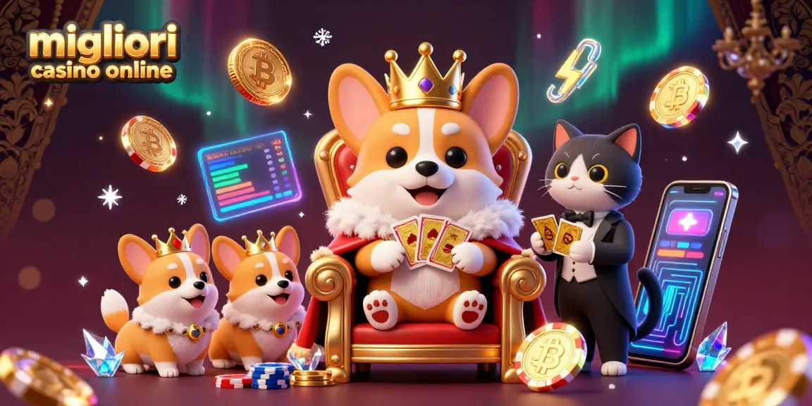 Scopri l'emozione dei migliori casino online con un corgi reale e elementi crypto in una vibrante scena 3D.
