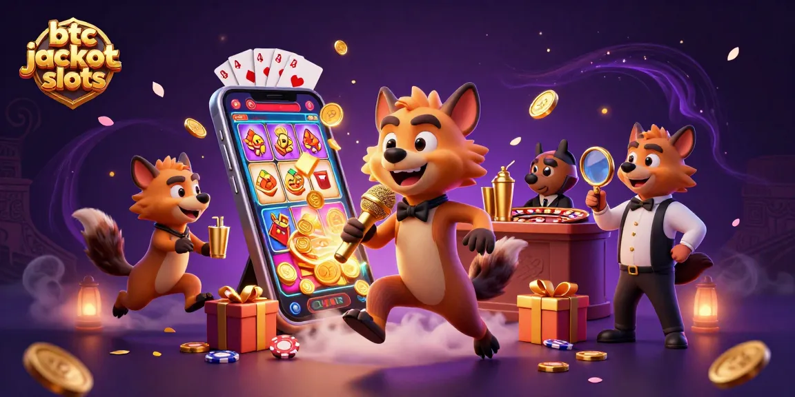 Engage with btc jackpot slots in a vibrant casino scene showcasing hyenas enjoying slot games.