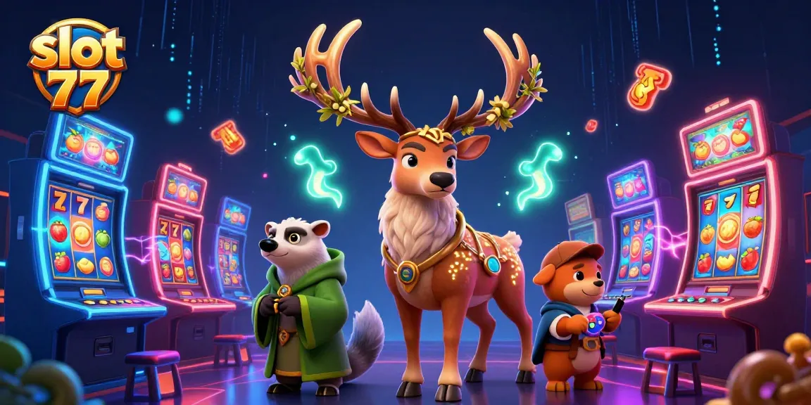 Experience thrilling emotions at slot 77 with colorful slot machines and fantasy characters.