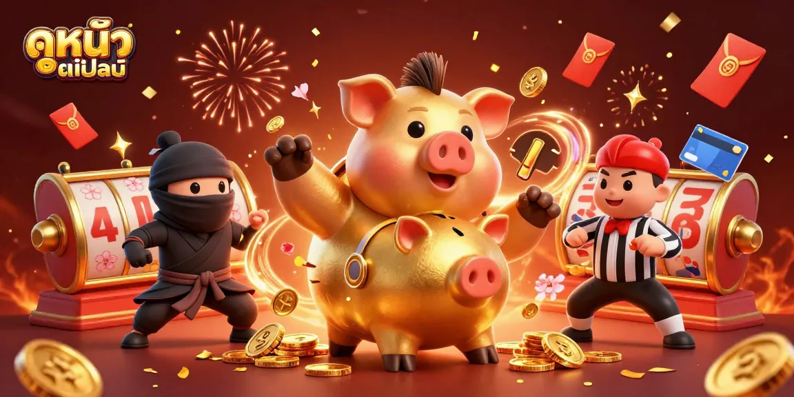 Engage in ดูหนังออนไลน์ as coins fly from a golden piggy bank sumo wrestler in a vibrant gaming scene.