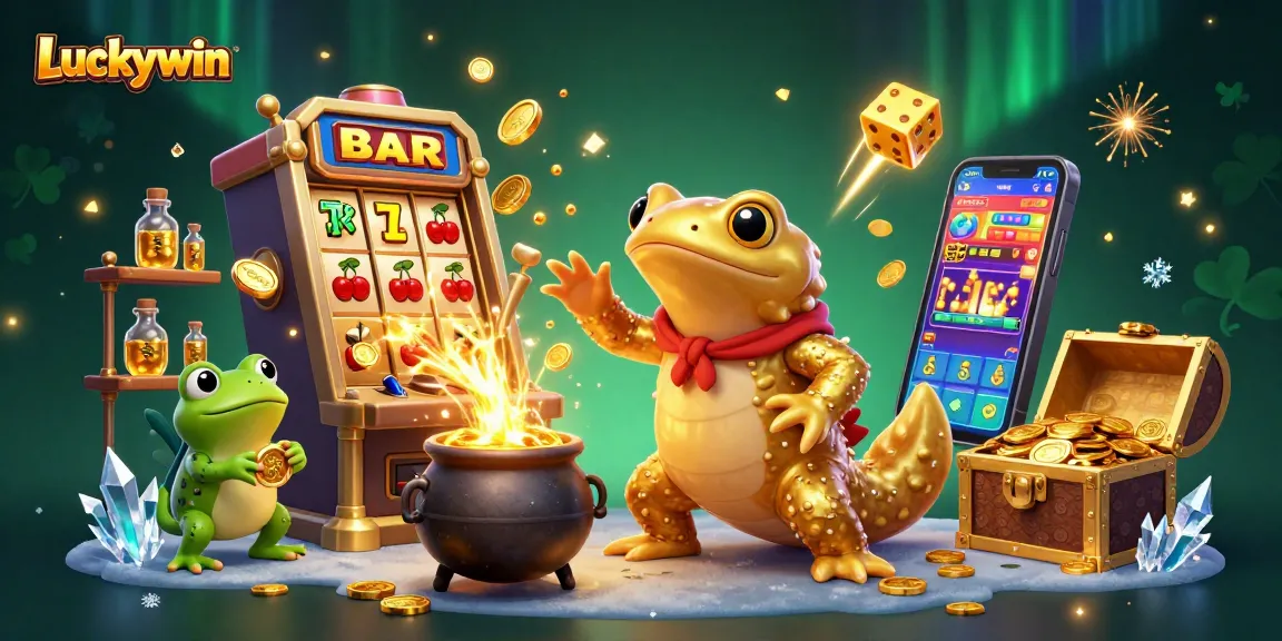 Experience Luckywin's vibrant casino action with a golden salamander alchemist and dynamic game elements.