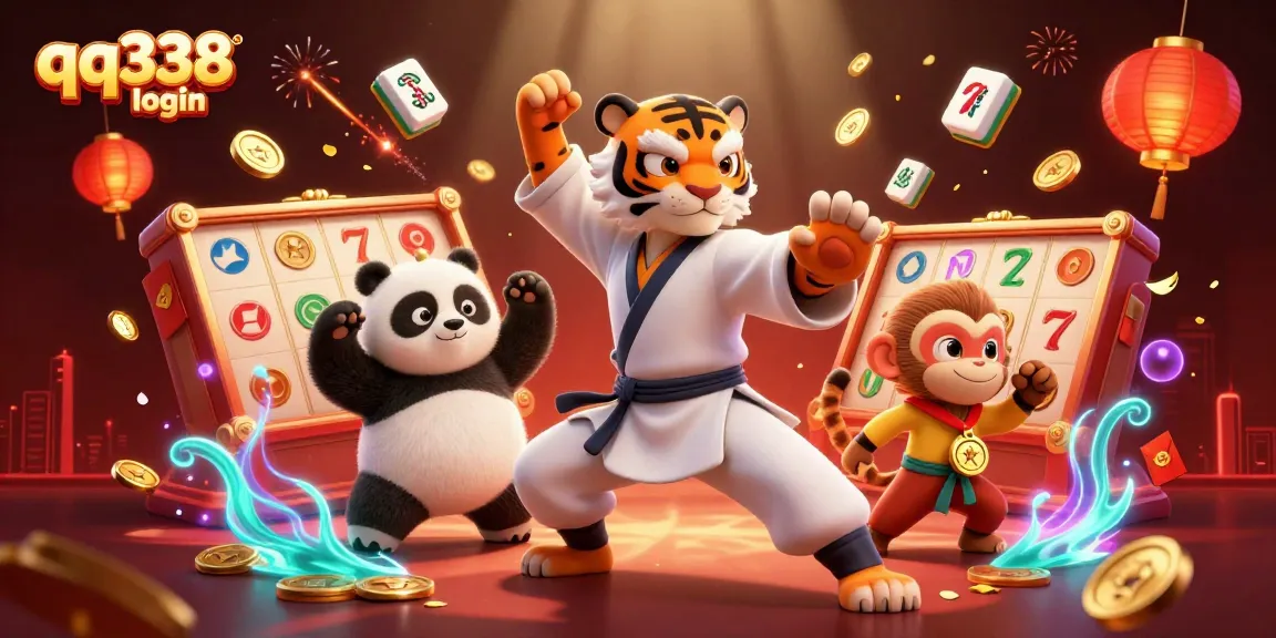 Engage with high-stakes gaming on qq338 login, featuring dynamic 3D characters in a vibrant casino scene.