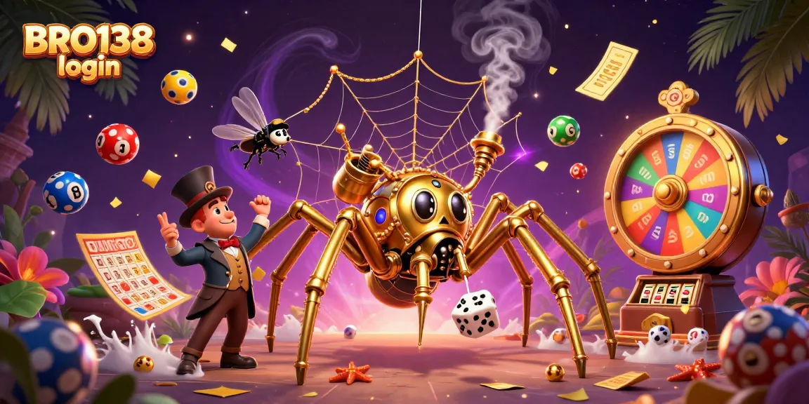 Engage with BRO138 login in a dynamic game scene entangled with vibrant slots and lottery elements.