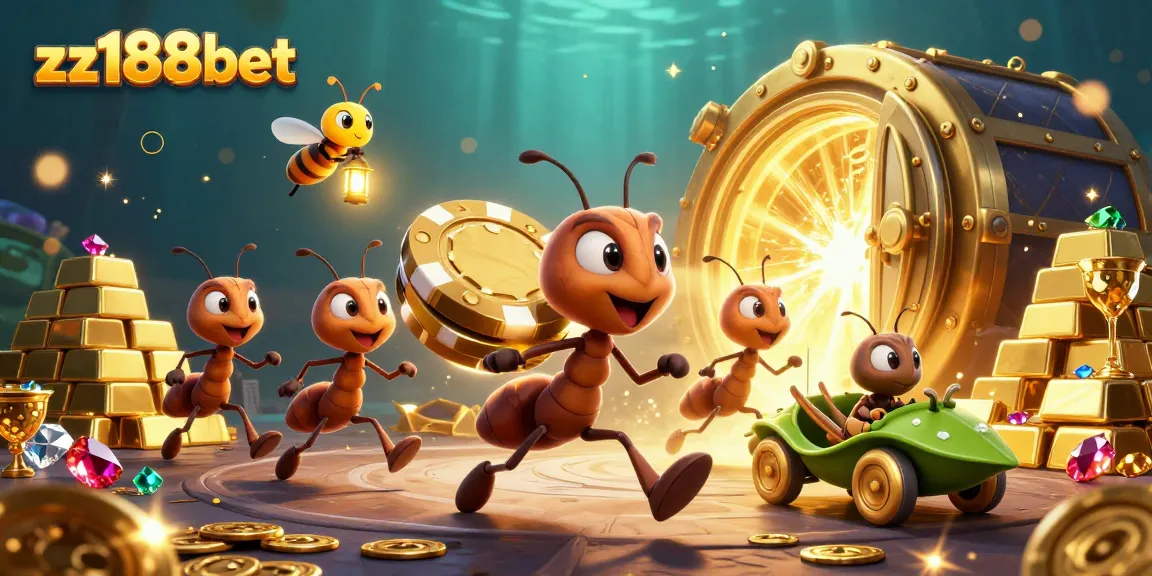 Experience thrilling heists with zz188bet as ants run away with a giant golden poker chip amidst dazzling treasures.