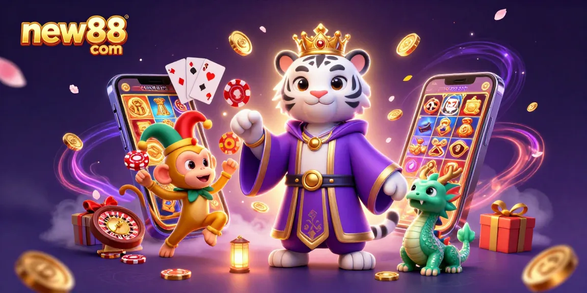 Experience the thrill of new88 com with elegant characters and vibrant gambling elements in a magical scene.