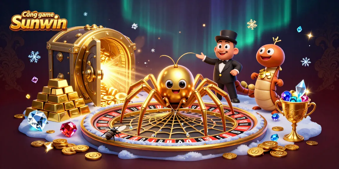 Cổng game Sunwin features a golden spider and centipede croupier in a dazzling casino scene.