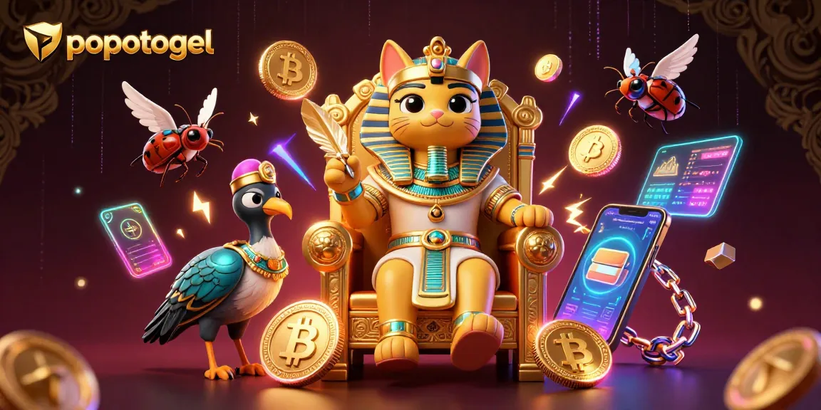 Experience popotogel's premium slots with vibrant illustrations featuring exciting 3D characters and cryptocurrency elements.
