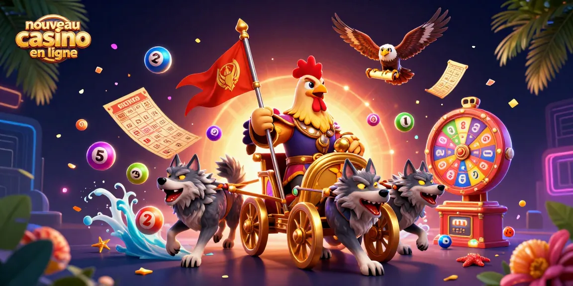 Illustration d'un nouveau casino en ligne avec un roi coq en chariot d'or et des éléments de jeux dynamiques.
