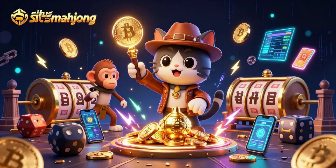 Experience situs mahjong excitement with a dynamic illustration of a cat explorer finding casino treasures.