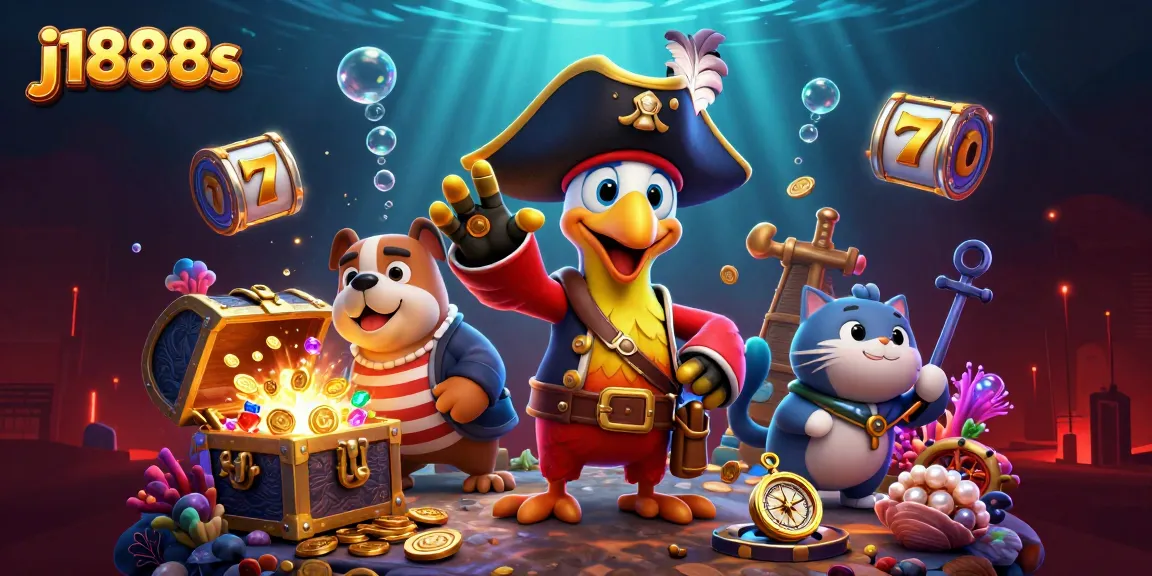 Engage with thrilling games at j1888s, featuring cartoon characters amidst slot reels and dazzling treasures.
