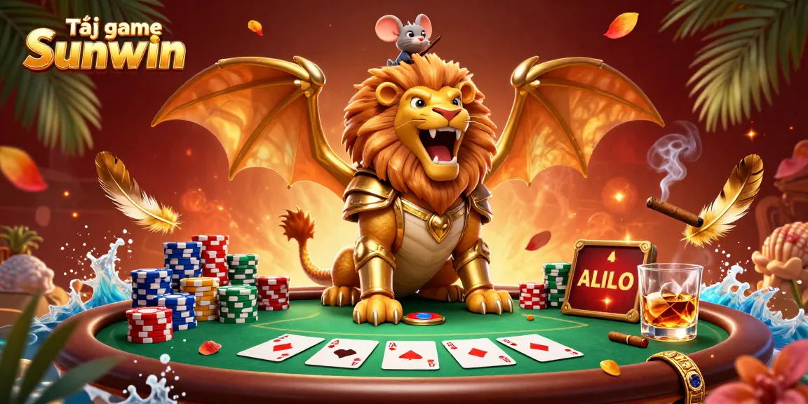 Tải game Sunwin in an ultra-detailed 3D casino scene featuring a chimera and a mouse jockey.