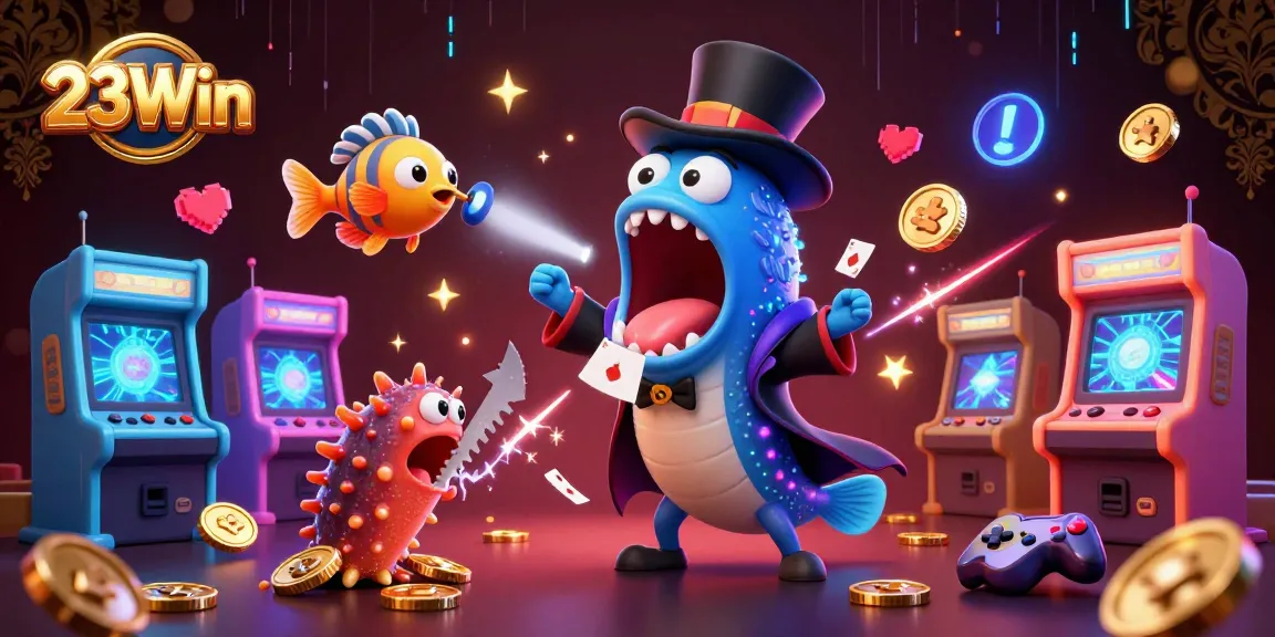 Experience thrilling card tricks with 23Win's captivating sea creatures performing magic in a vibrant casino scene.