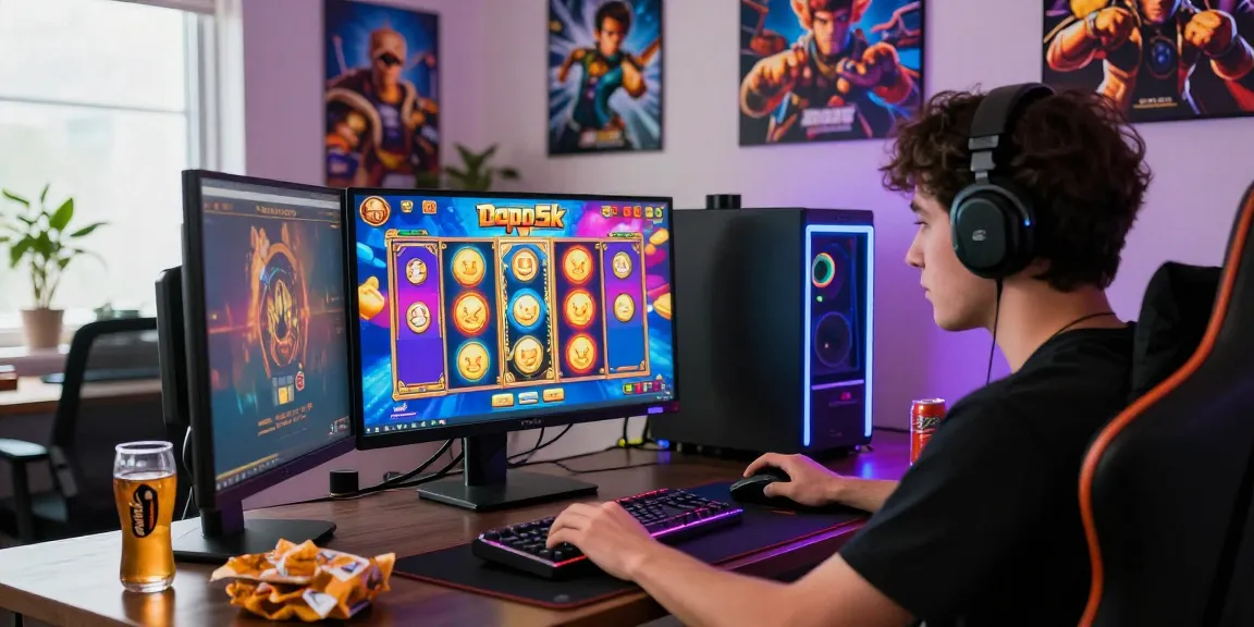Enthusiastic gamer enjoying slot depo 5k gameplay on a dual monitor setup.