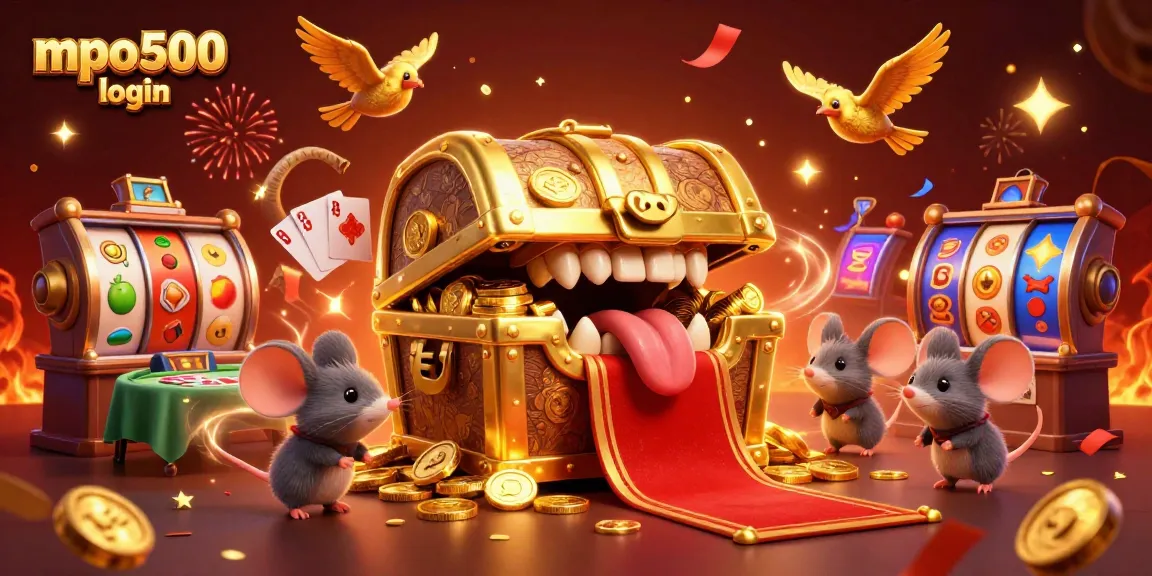Enjoy exciting gameplay with mpo500 login at this vibrant casino scene, featuring animated slot machines and treasure.
