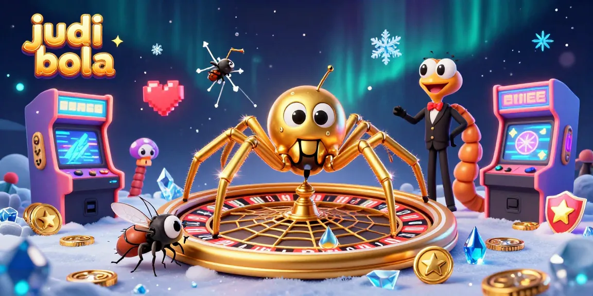 Experience judi bola with a nervous fly betting as a golden spider spins a roulette web, surrounded by vibrant casino elements.