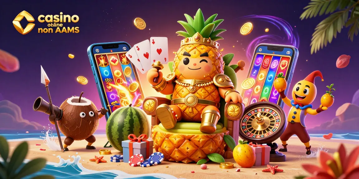 Gioca nel mondo del casino online non AAMS con un re ananas e guardie, circondato da giochi e premi.