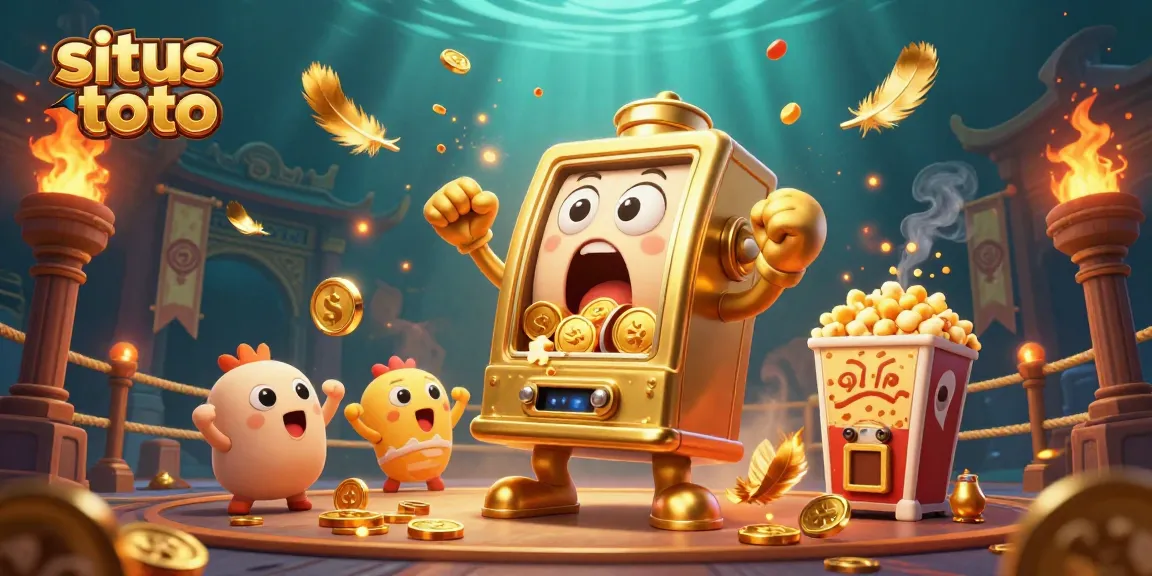 Experience the excitement of situs toto with joyous slot machines celebrating a jackpot in a lively casino scene.