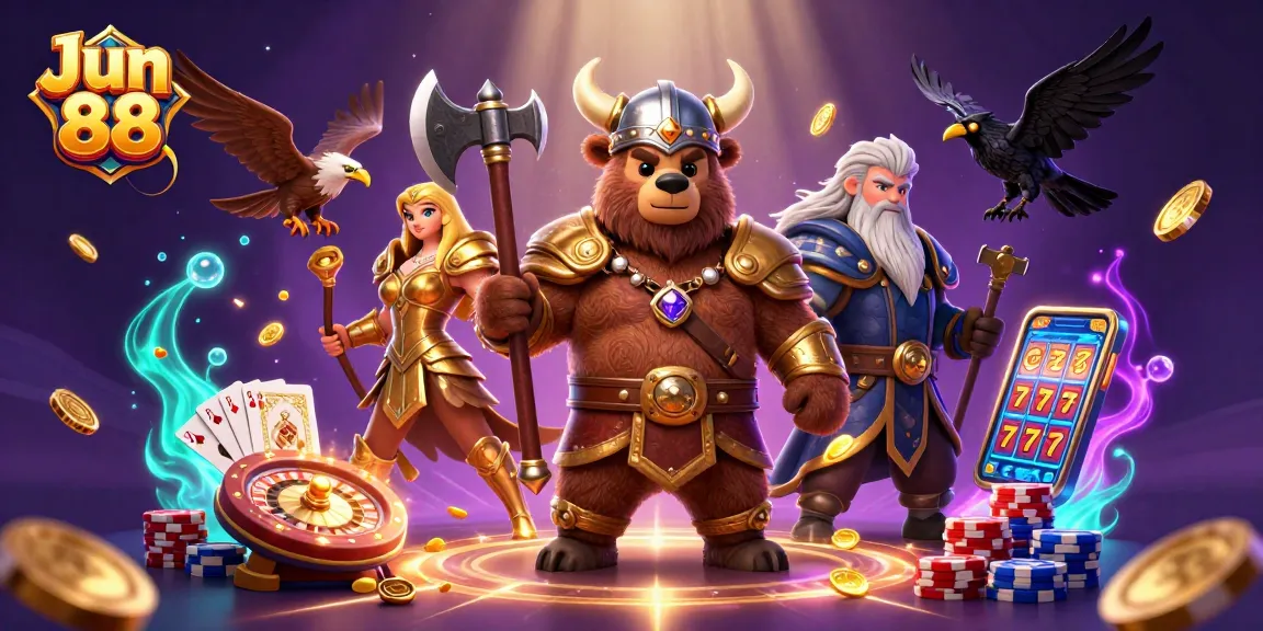 Join the excitement at Jun 88 Casino with thrilling games and vibrant characters amid cascading coins.