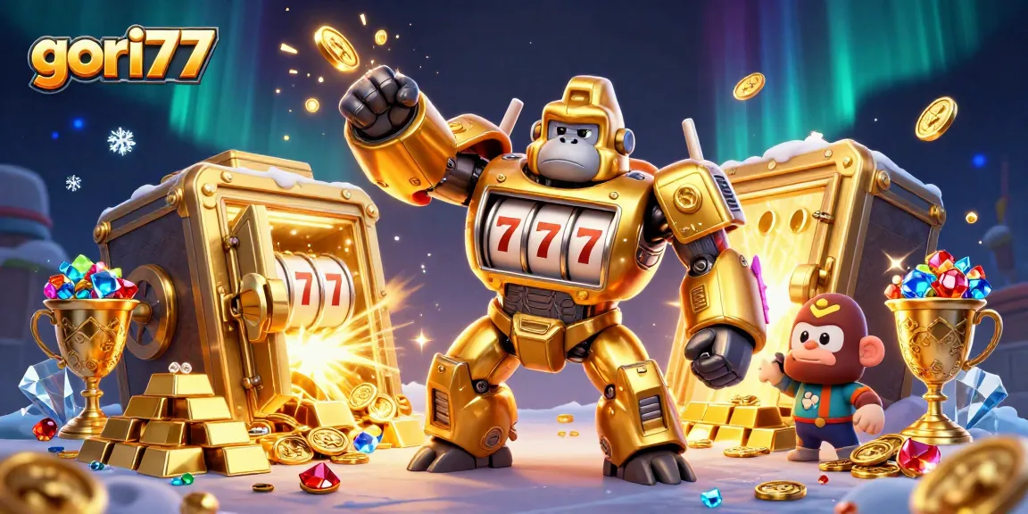 Engage with gori77's thrilling slot scene featuring a golden gorilla mech and treasures.