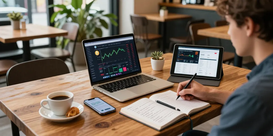 Funexchange user engaging with cryptocurrency trading in a coffee shop environment, with trading charts and digital wallet.