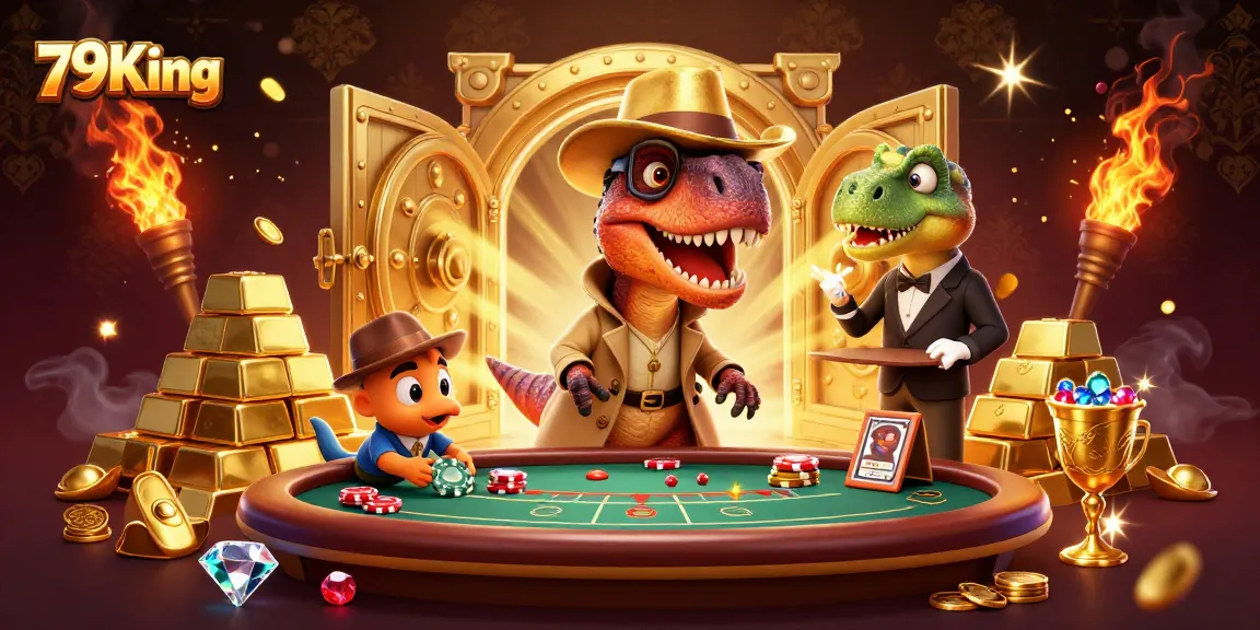 79King gambling scene featuring cartoon dinosaurs amidst gold bars and vibrant casino elements.