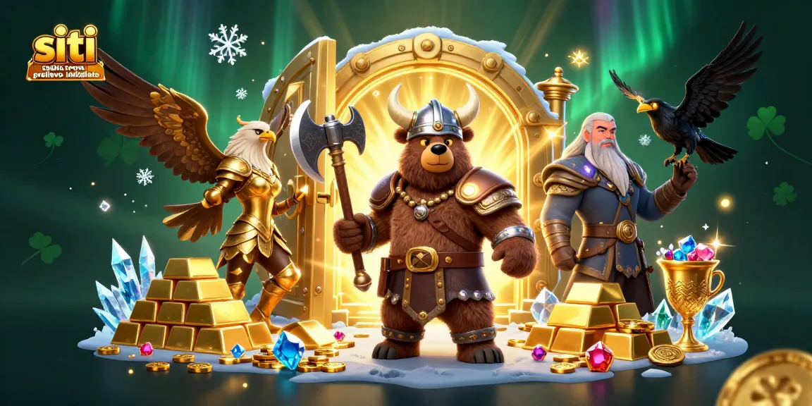 Casinò online con prelievo immediato: Viking e Valkiria circondati da tesori e gemme preziose.