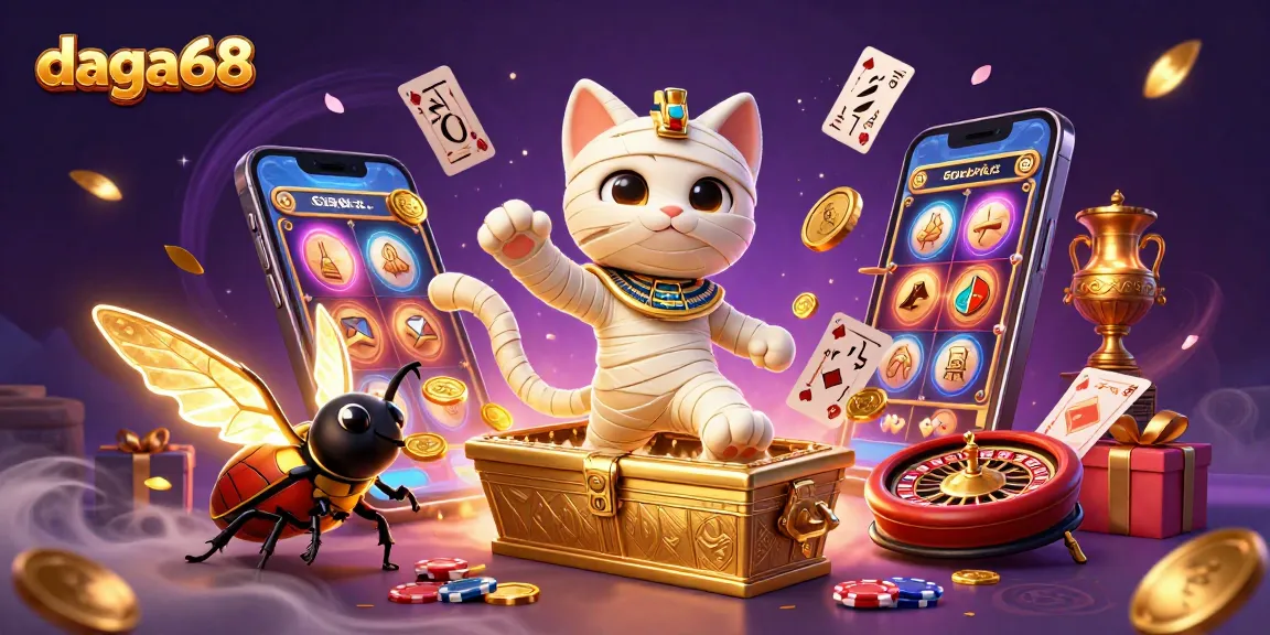 daga68 features a vibrant scene of a cartoon mummy cat and companion amidst casino elements showcasing exciting betting action.