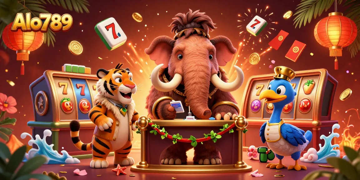 Alo789 casino scene with a mammoth bouncer and saber-tooth tiger VIP, surrounded by dynamic gaming elements.
