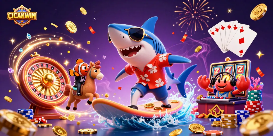 CICAKWIN offers thrilling slots and jackpots amidst golden coins and colorful characters.